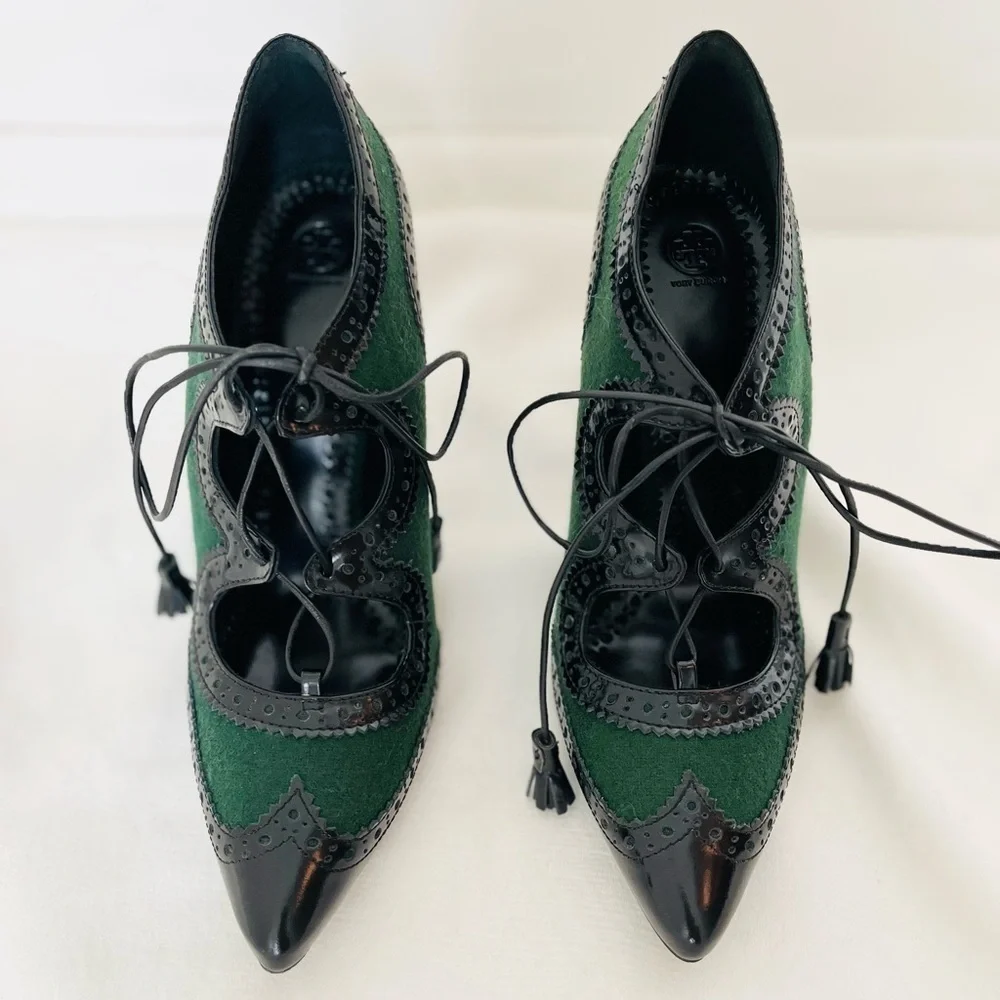 Tory Burch Hawthorne lace up Elegant Green and Black Women's Heels 9